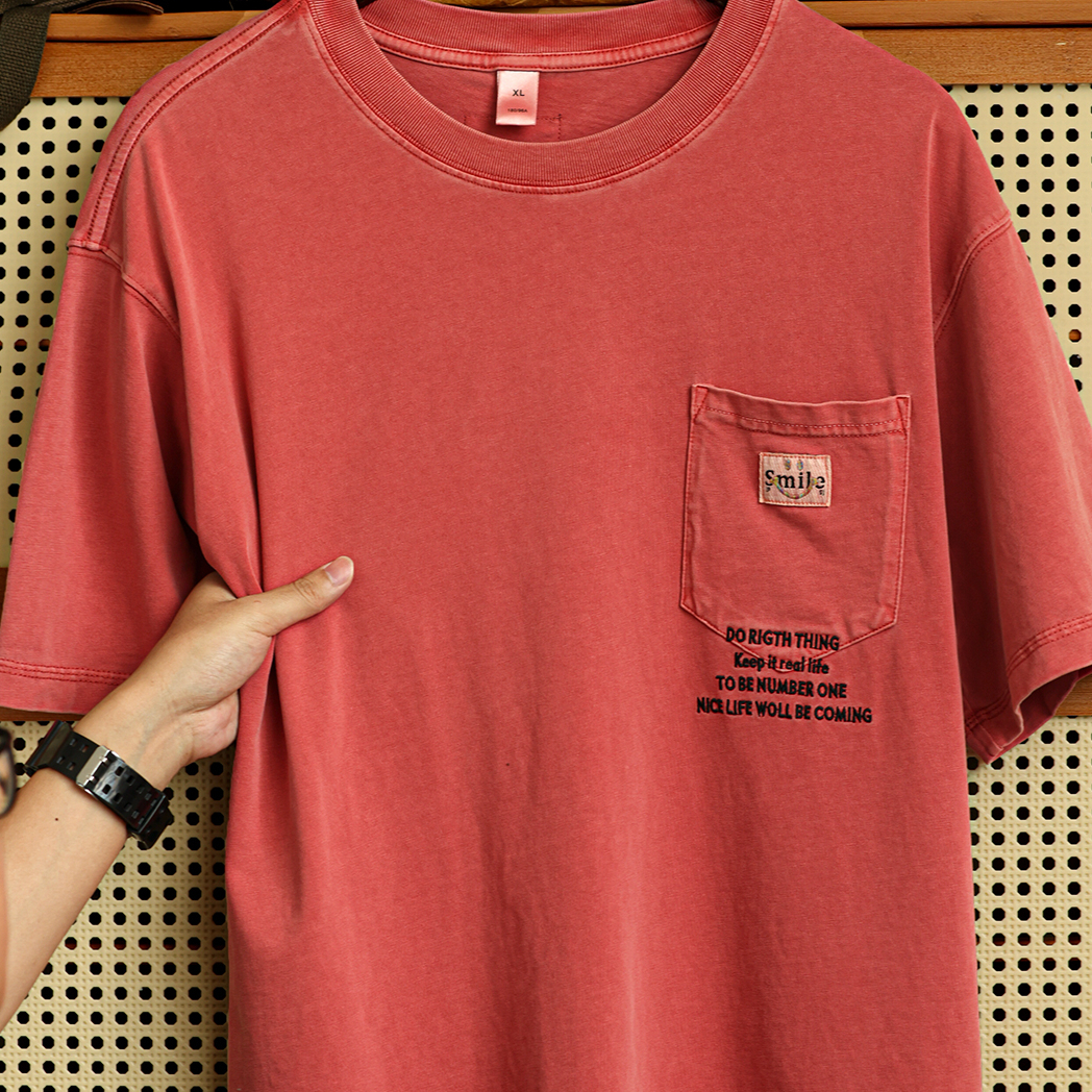 American retro men's 260g pure cotton pocket embroidered short sleeved T-shirt