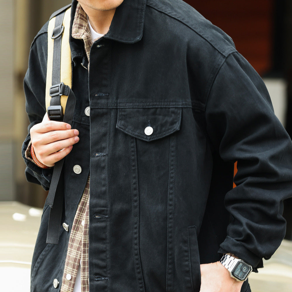 Japanese Heavyweight Denim Jacket Atsu Washed Casual Vintage Black Outer Cardigan Jacket