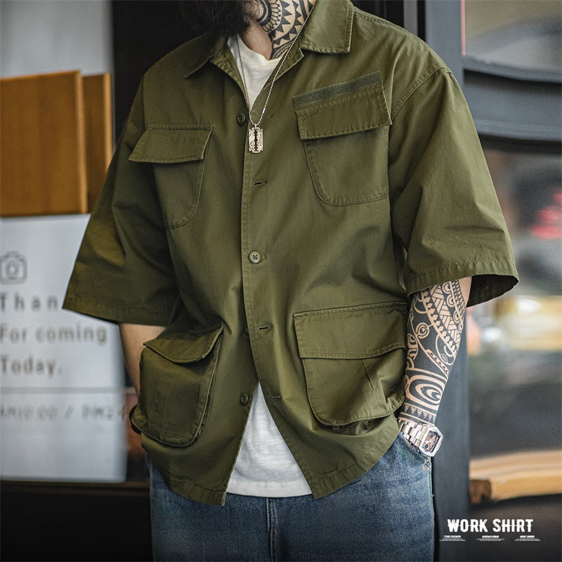 Maden Retro M42 Four Pocket Short sleeved Shirt Military Style Loose Silhouette Flip Collar Shirt
