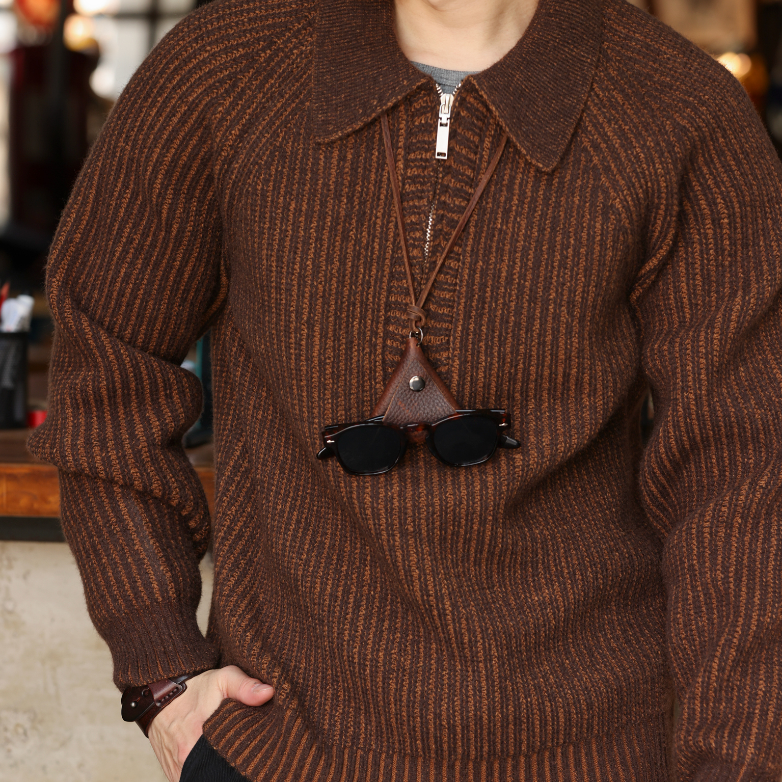 American Retro 860g Heavy-Duty Half Zip Men'S Raglan Sleeve Knitted Polo Shirt