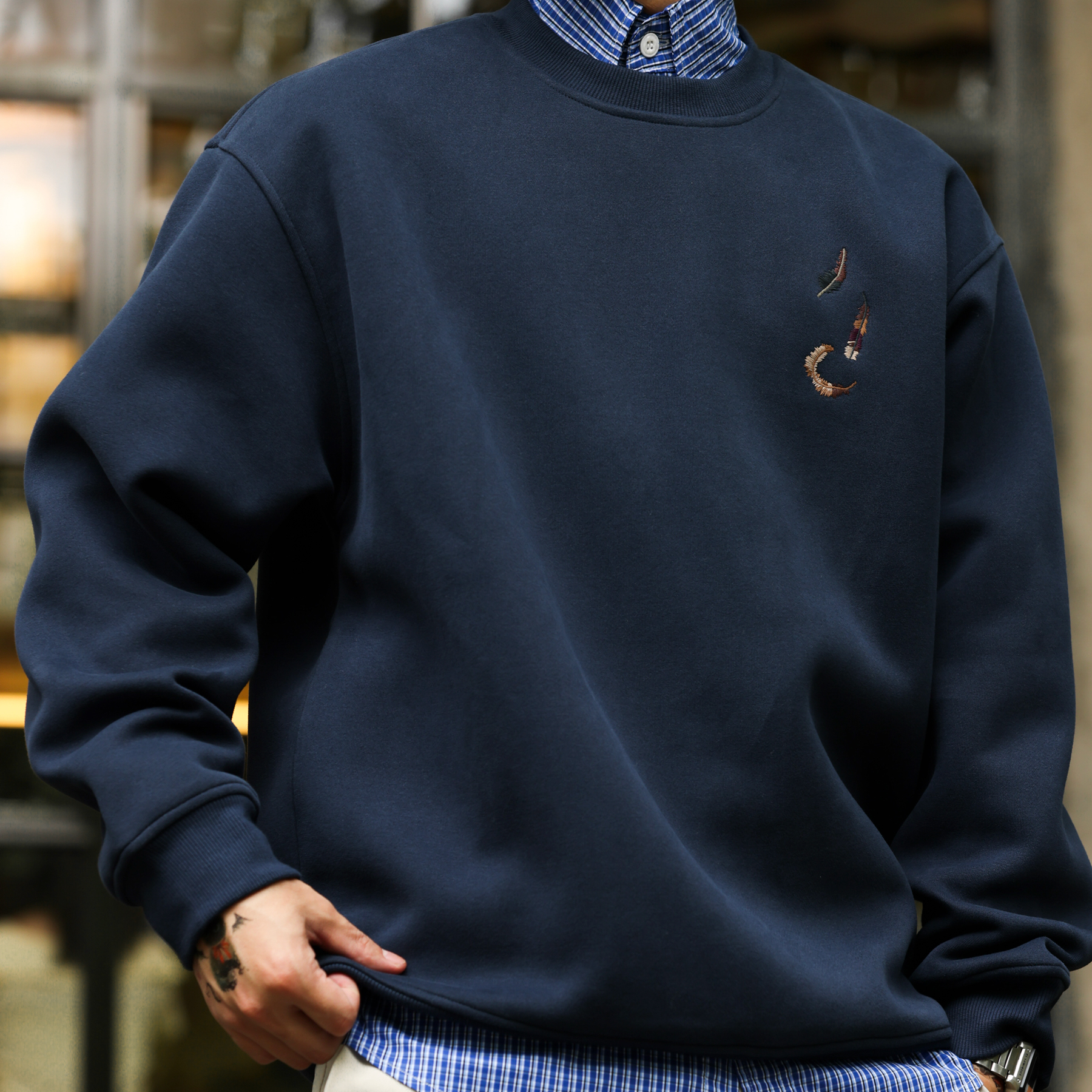 American retro 420g embroidered round neck men's casual sweatshirt