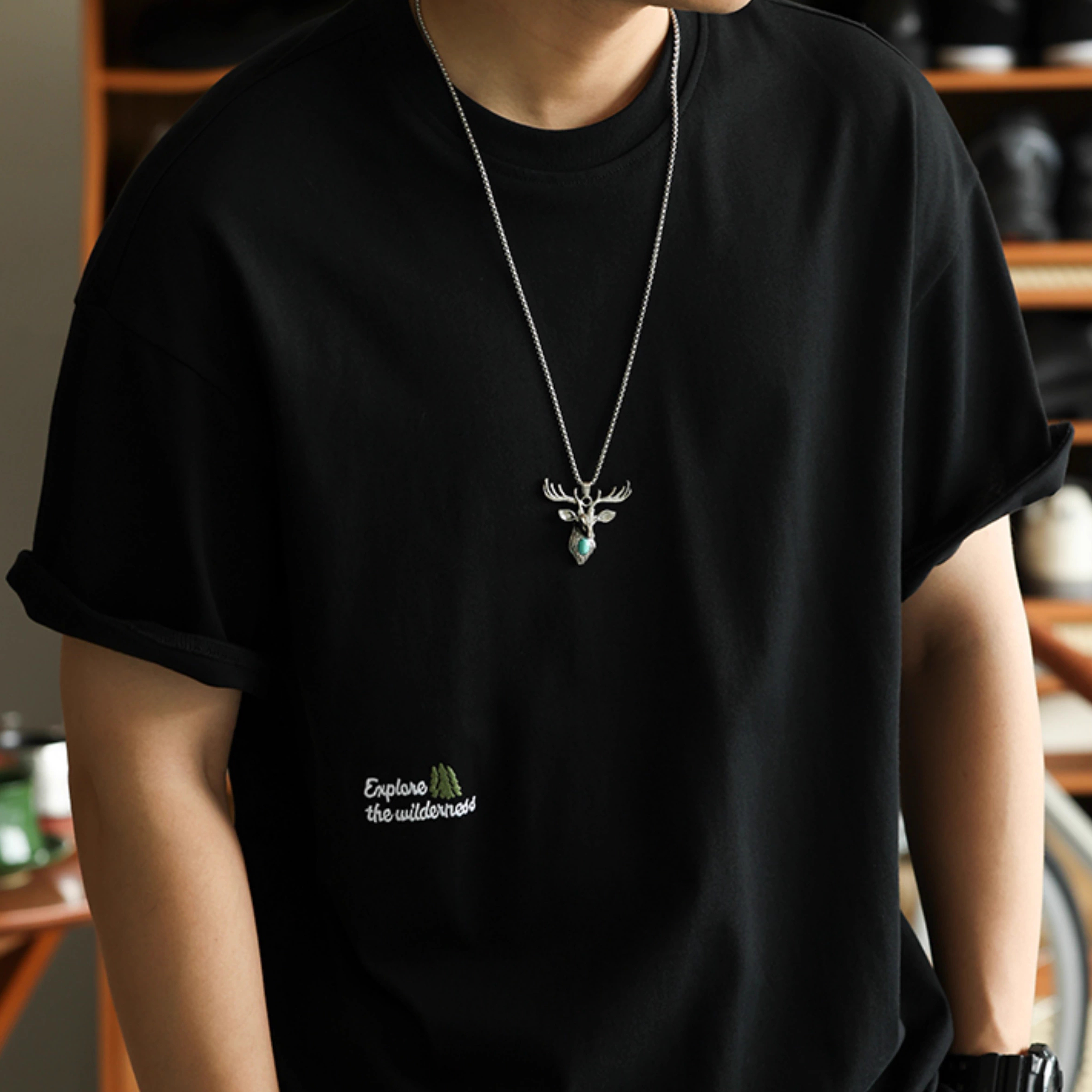 American casual fun embroidered men's pure cotton round neck T-shirt