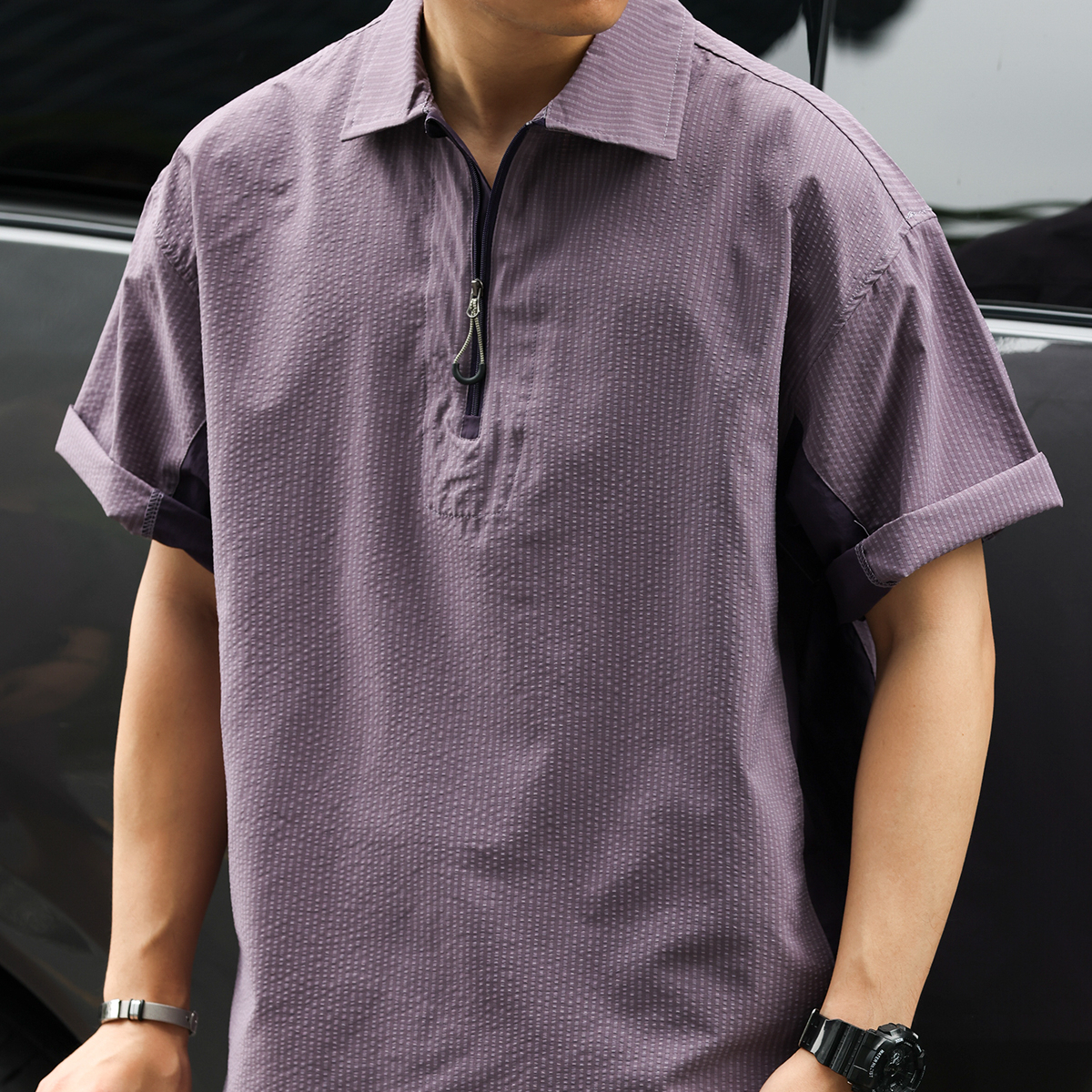 American casual sports quick drying half zipper men's 120g breathable plaid polo shirt