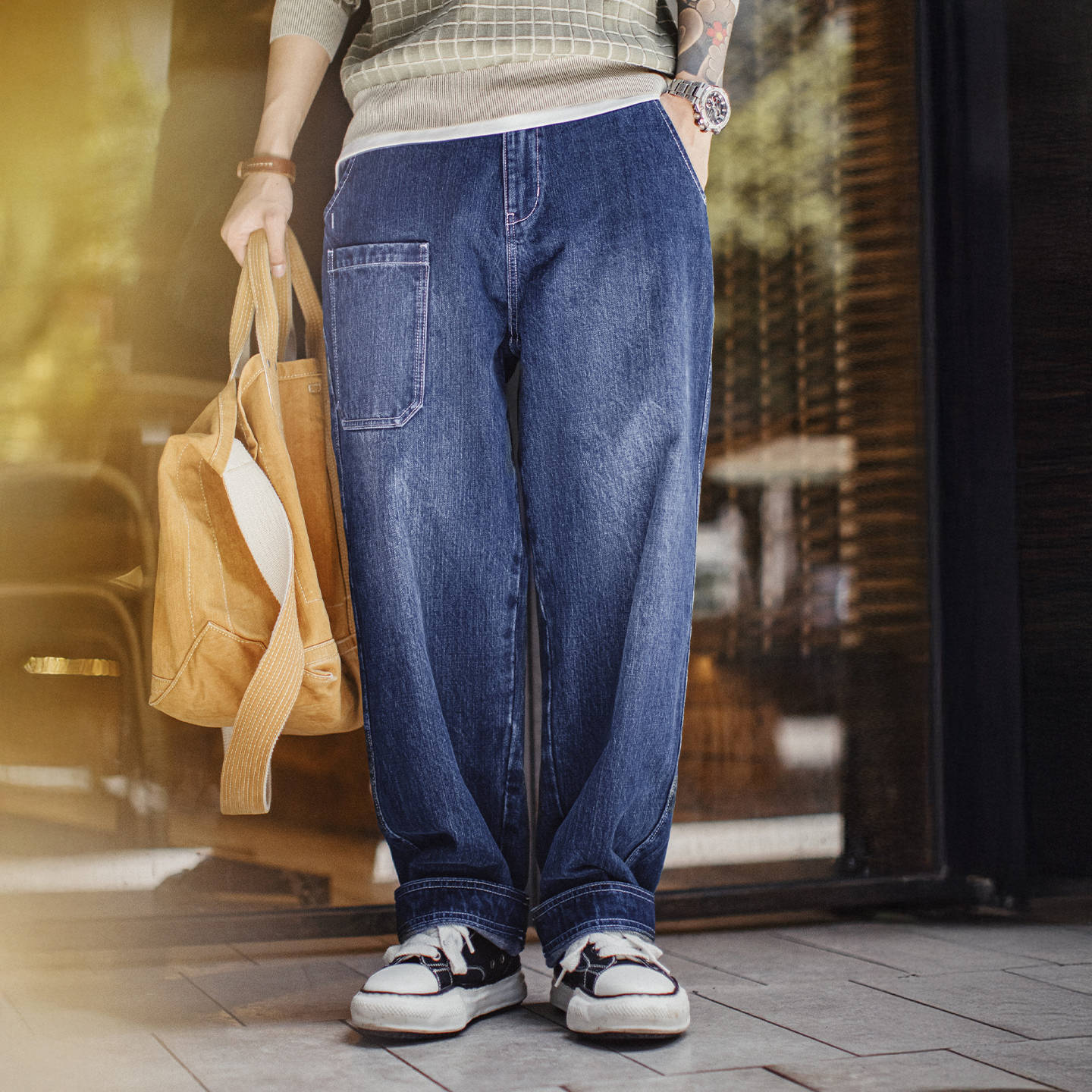 American Bamboo Men's Washed Blue Straight Leg Casual Jeans