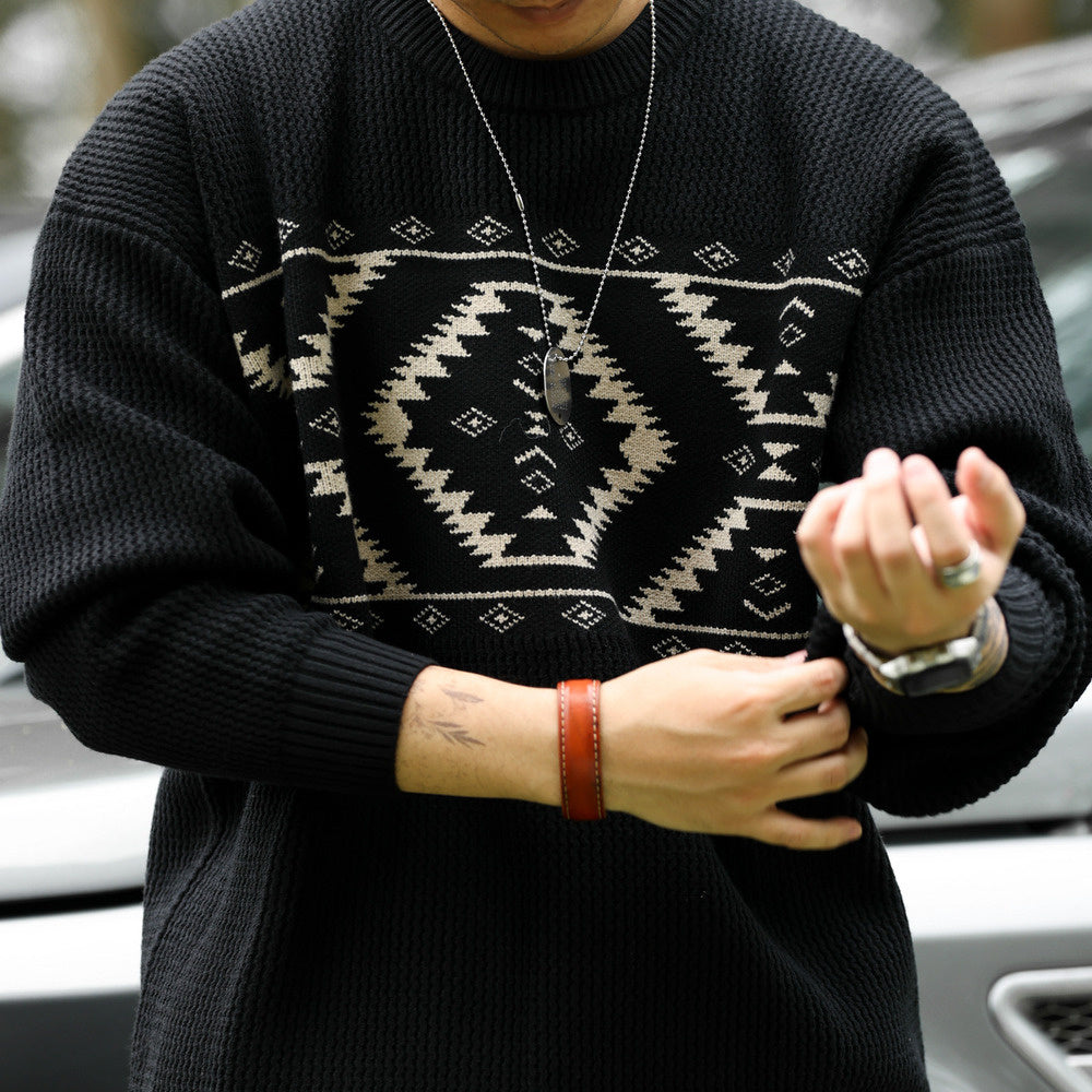 Vintage Navajo diamond jacquard sweater loose 800g heavyweight ethnic style knitted top