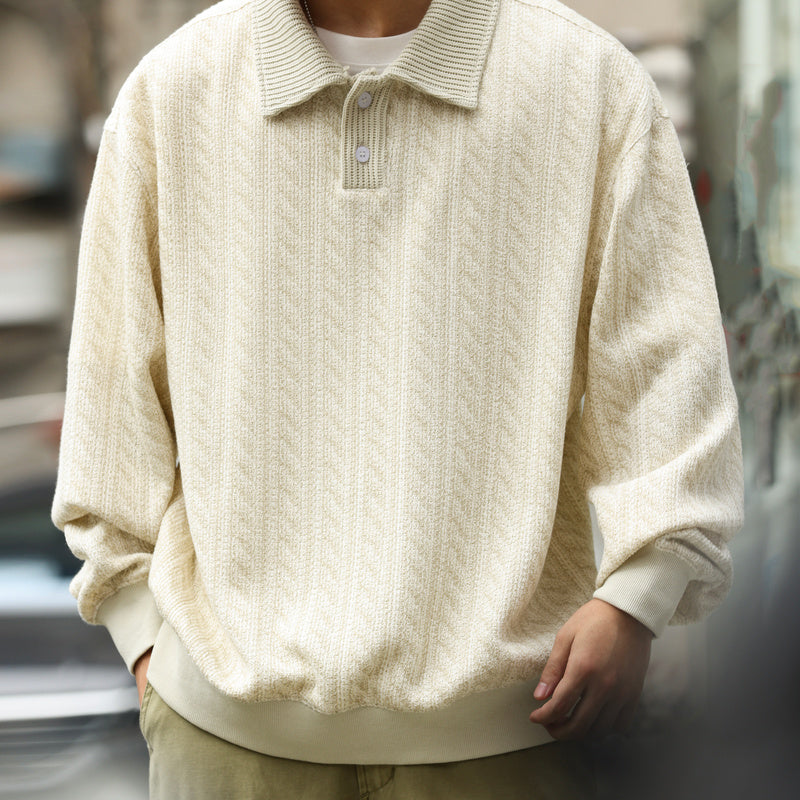 Knitted texture, relaxed feeling, flip collar hoodie, casual college style, loose long sleeved POLO top
