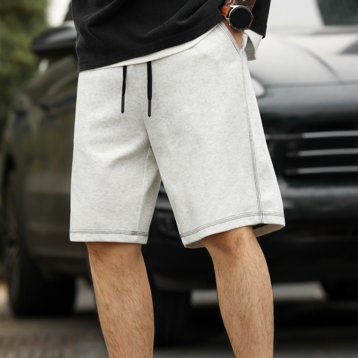 American casual contrasting men's loose drawstring sports shorts