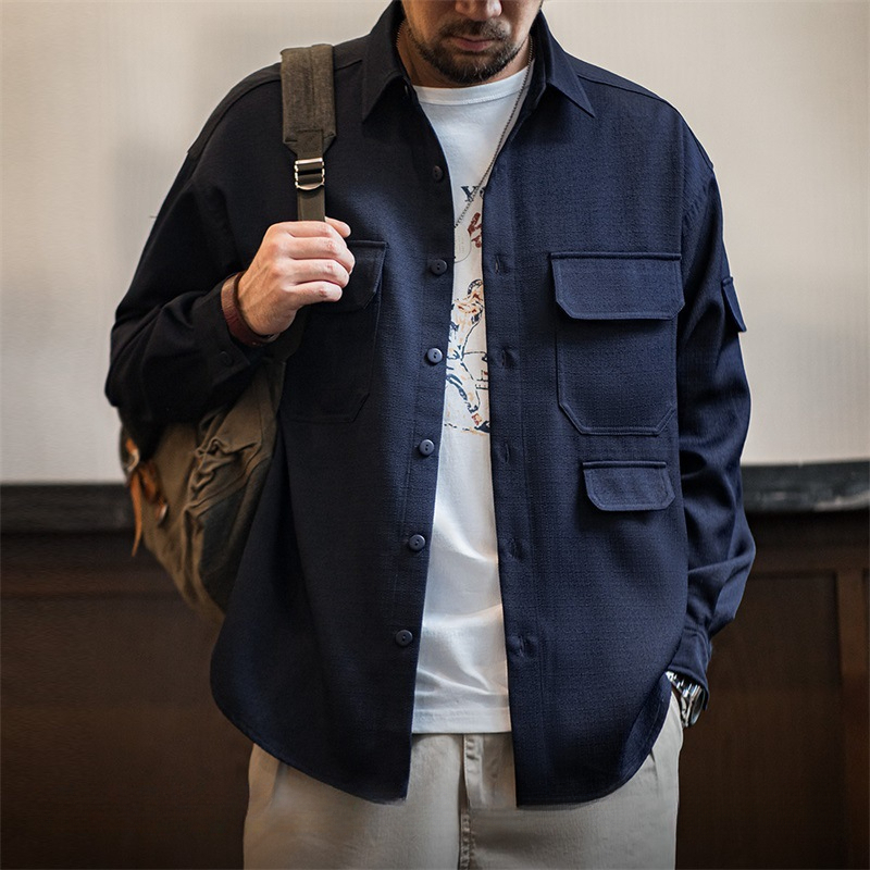 Maden casual silhouette wrinkle free long sleeved shirt with loose collar pockets, shirt jacket