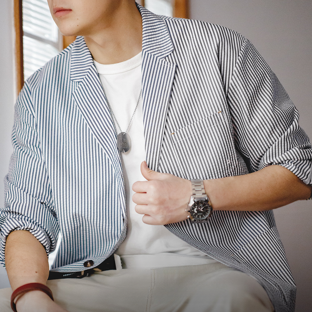 Maden bubble stripe flat collar loose and handsome casual fashion trendy suit