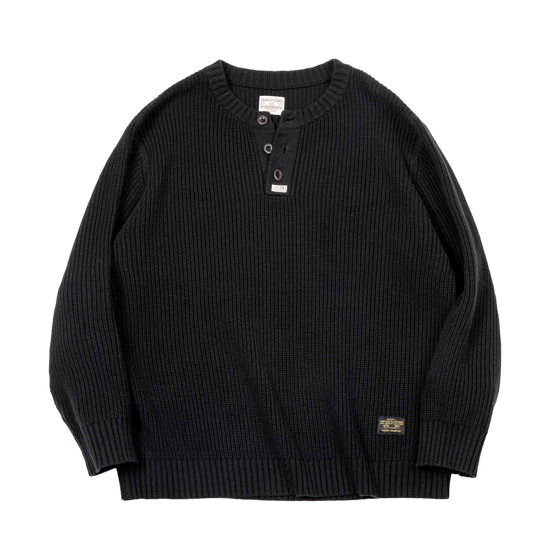 Maden Vintage Knitted Henley Shirt Amekaji Vertical Striped Pullover Sweater