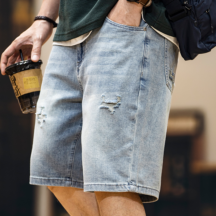 Summer new Lyocell men's loose ripped denim shorts