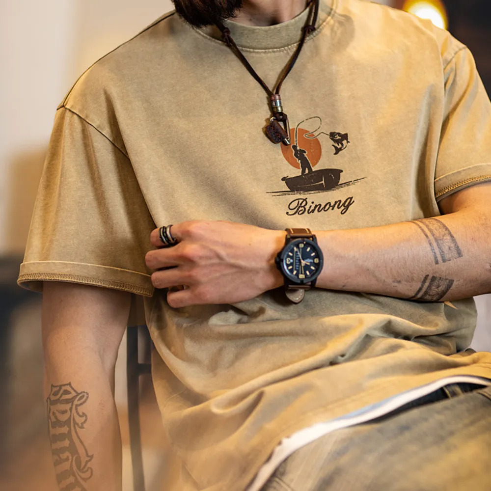 American style vintage men's summer loose print pure cotton short sleeved t-shirt