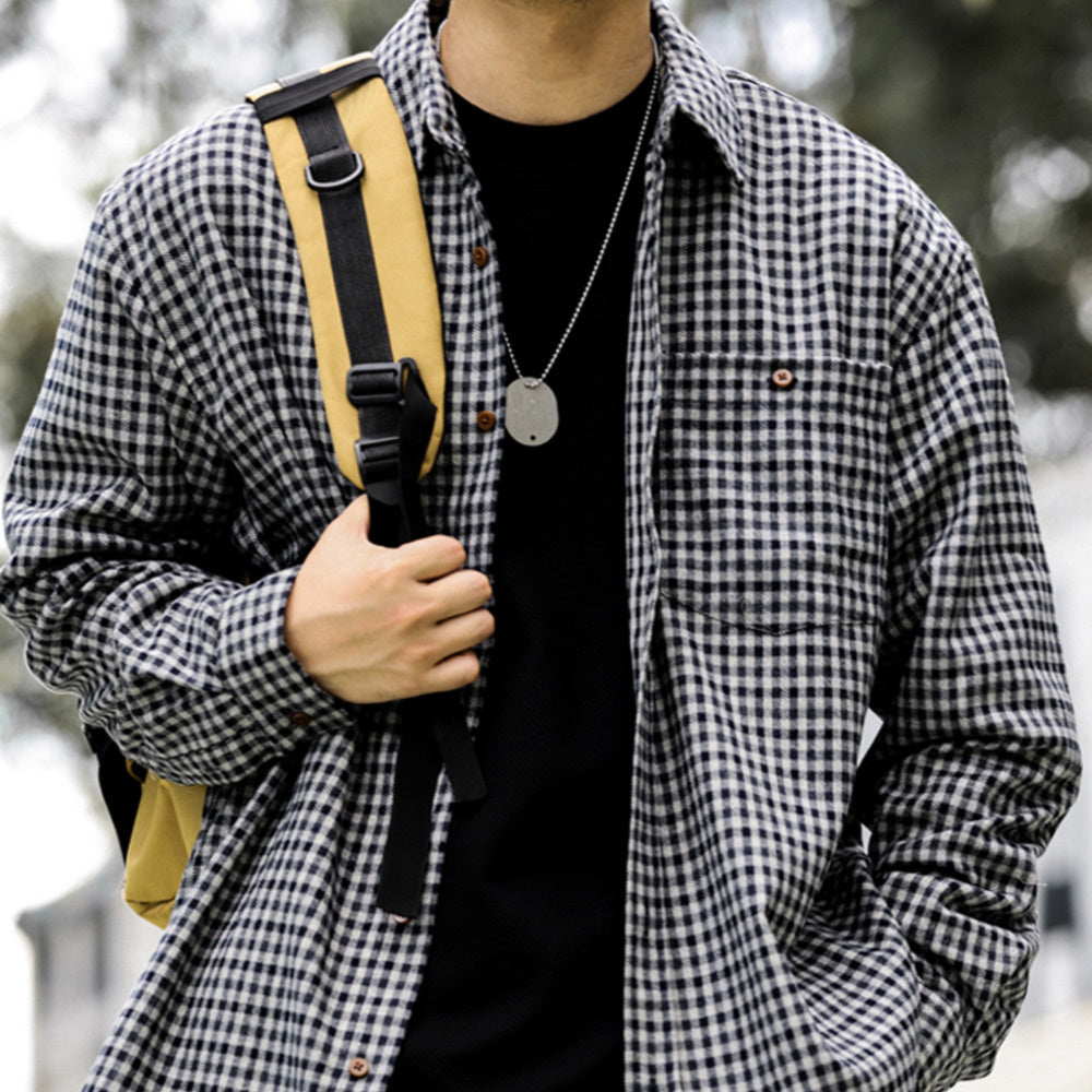French brushed small checkered long sleeved shirt with loose casual pockets, high-end shirt jacket