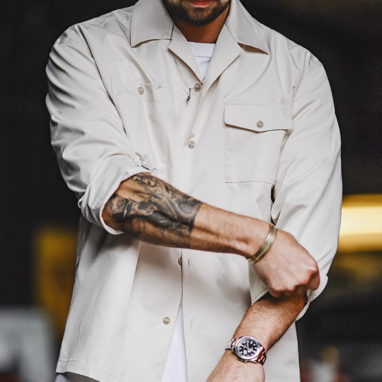 American retro printed Cuban collar loose white casual long sleeved shirt