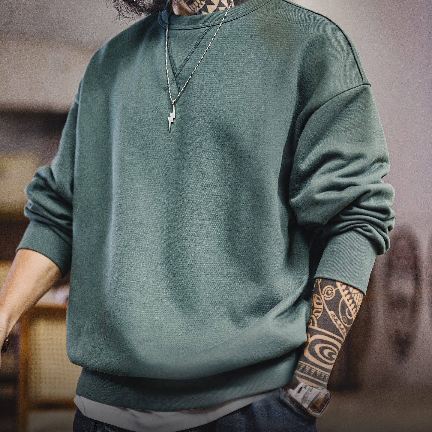 American Purple Round Neck Pullover Loose Long Sleeved T-Shirt