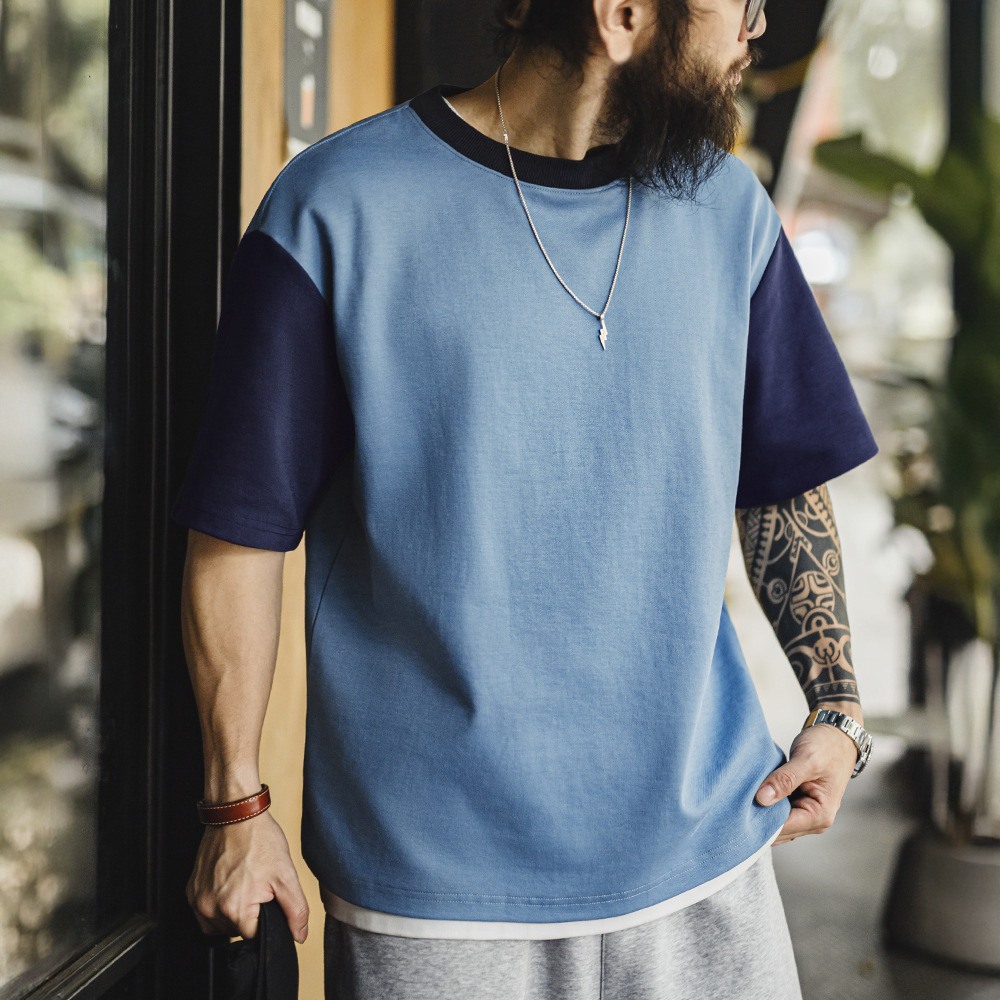 American retro color blocked threaded collar with loose shoulder sleeves T-shirt