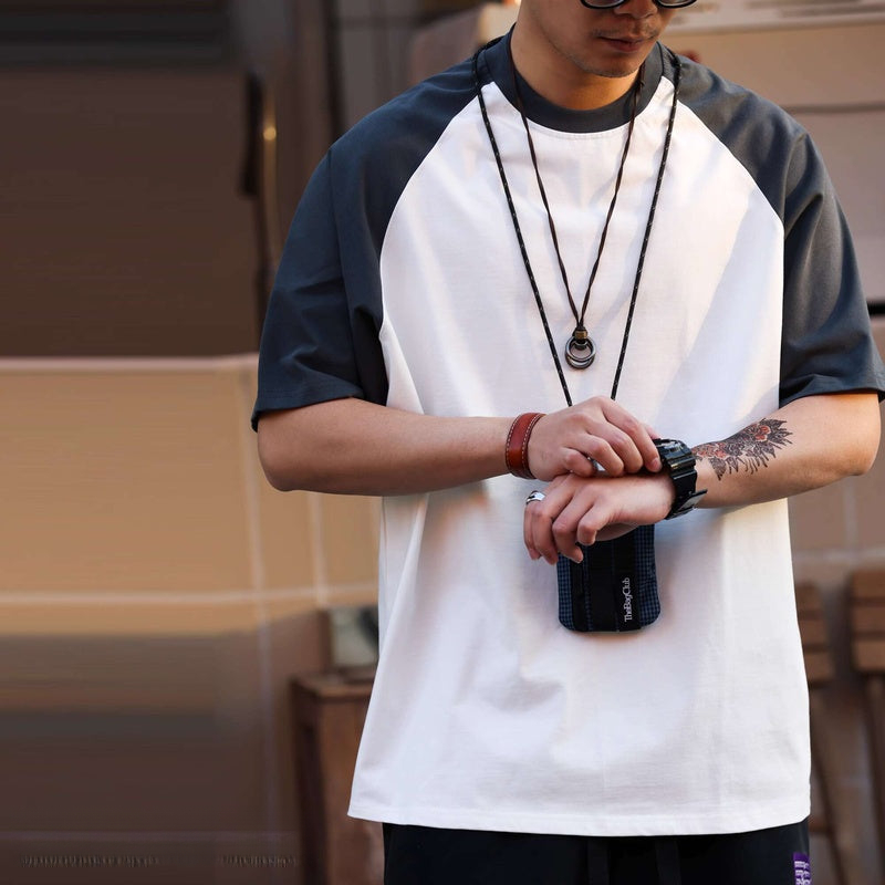 American 305g contrasting color men's casual loose sports T-shirt