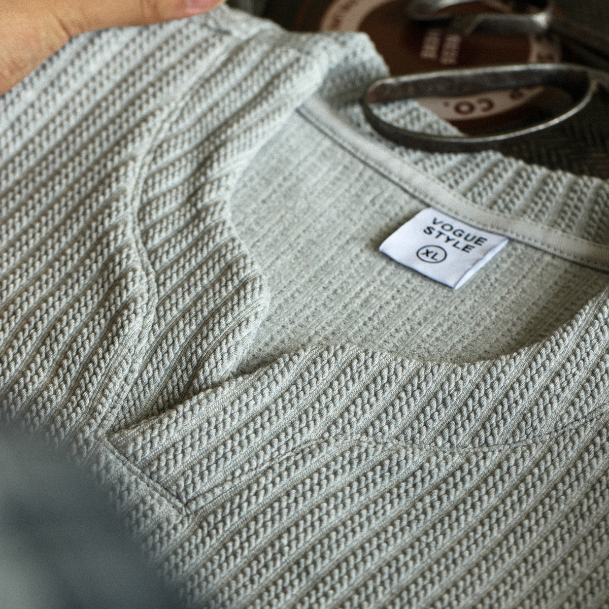 American Jacquard Small V-Neck Men's 330g Heavy-Duty Long Sleeved T-Shirt