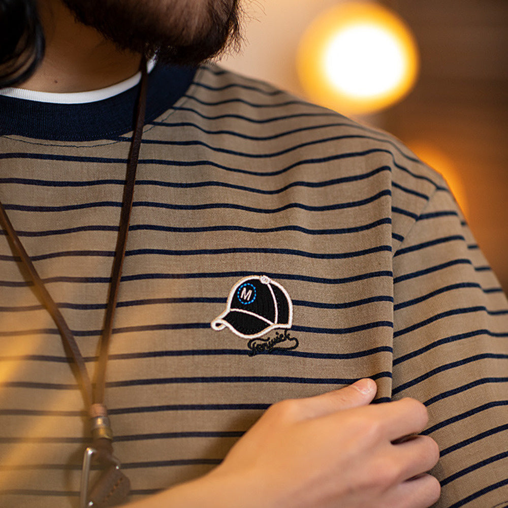 American retro slim striped men's embroidered short sleeved t-shirt