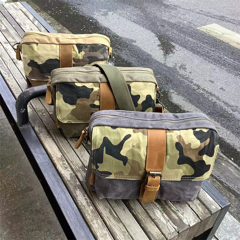 American retro men's camouflage oil wax canvas casual crossbody bag