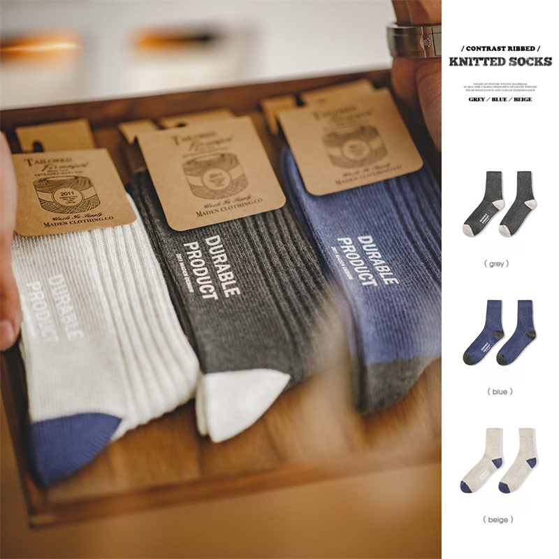 Maden casual contrasting floral yarn knitted mid length socks with three color pit stripe thick thread long socks