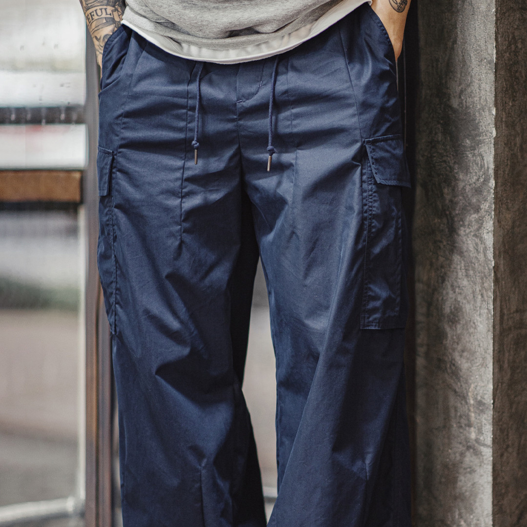 American M65 Large Pocket Japanese Cityboy Blue Woven Leg Tied Casual Pants