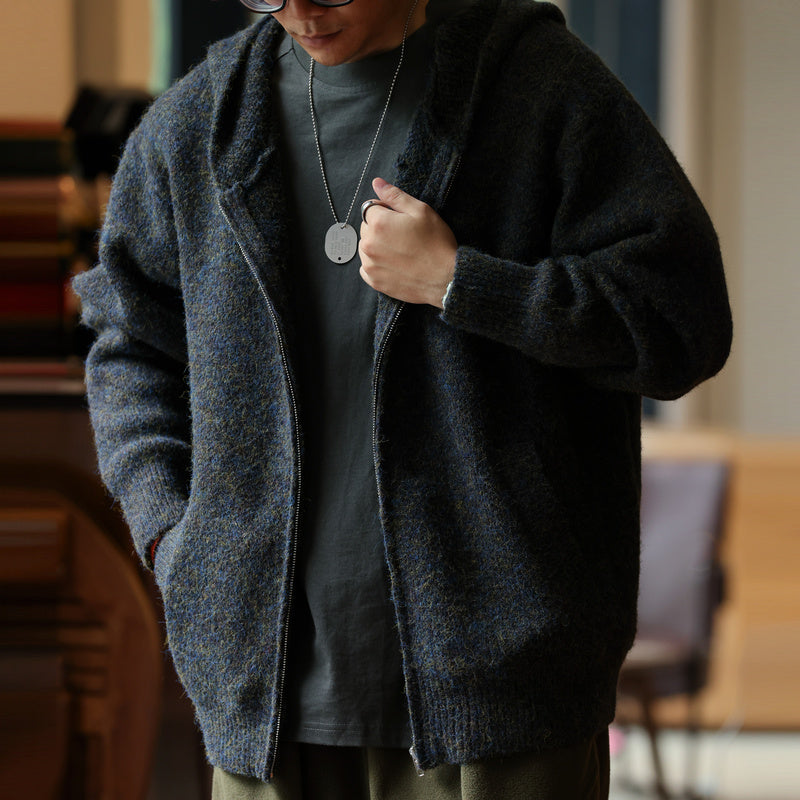 Vintage 780g Heavyweight Loose Cardigan Chunky Needle Hooded Sweater Jacket Zipper Sport Knit