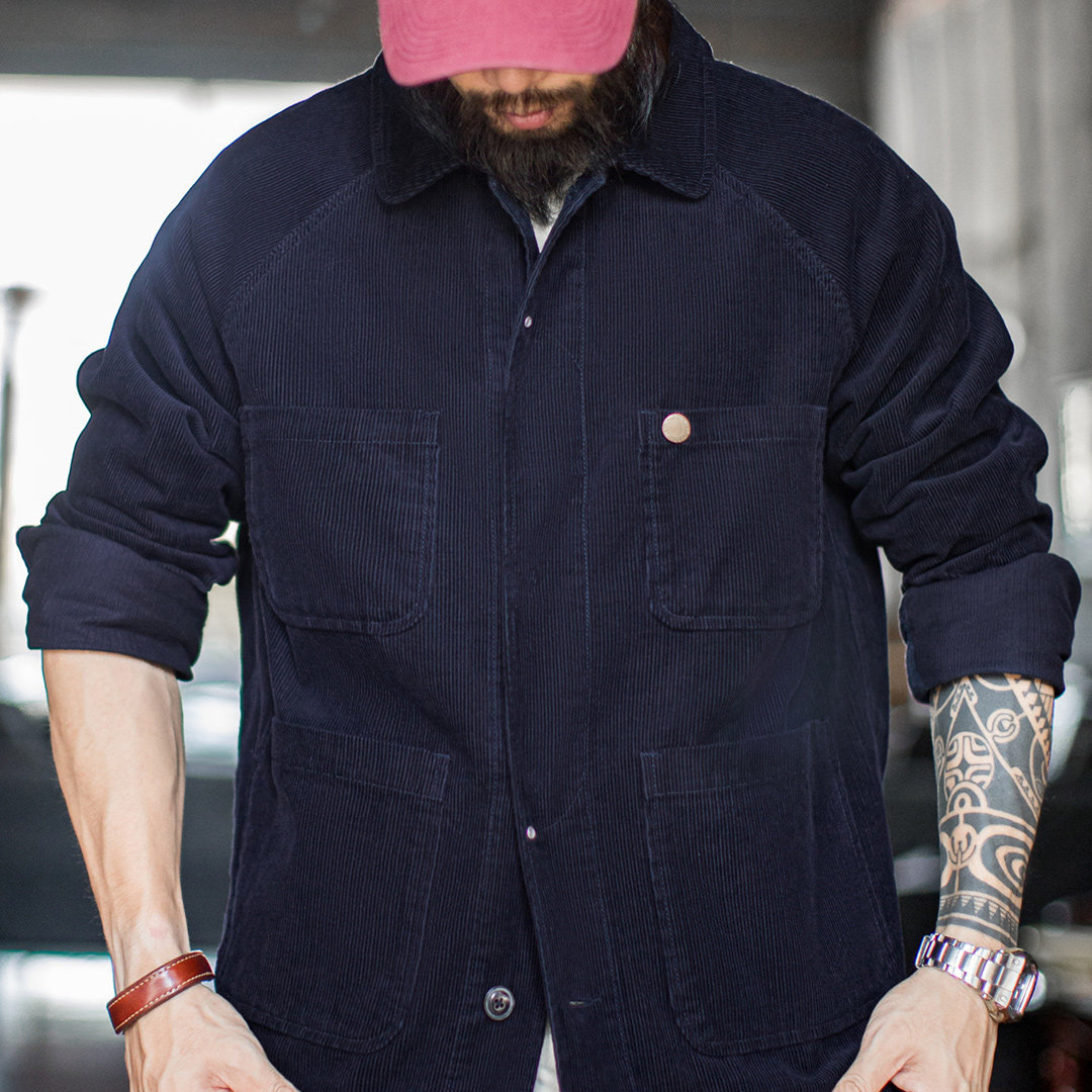 American Retro Corduroy Four Pocket Hunting Jacket Short, Navy Blue Lapel Thin Jacket