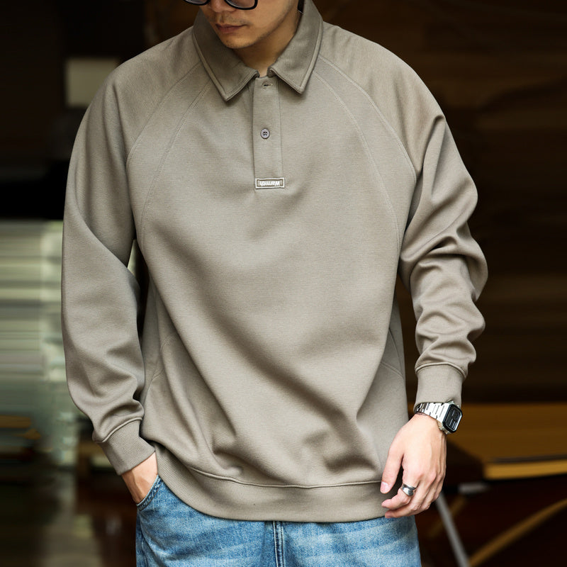 Japanese retro lapel long sleeved polo shirt 300g heavyweight split splicing raglan casual top