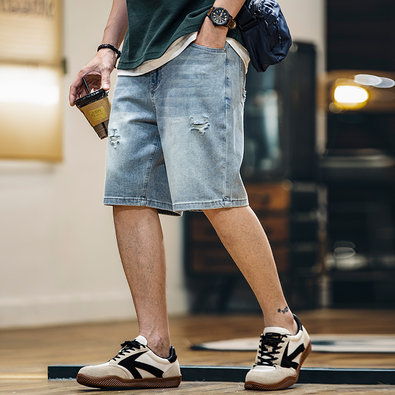Summer new Lyocell men's loose ripped denim shorts
