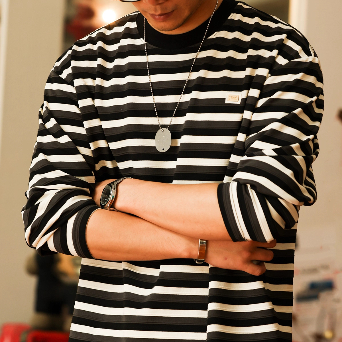 American Retro Three-Dimensional Men's 280g Contrasting Striped Knitted Long Sleeved T-Shirt