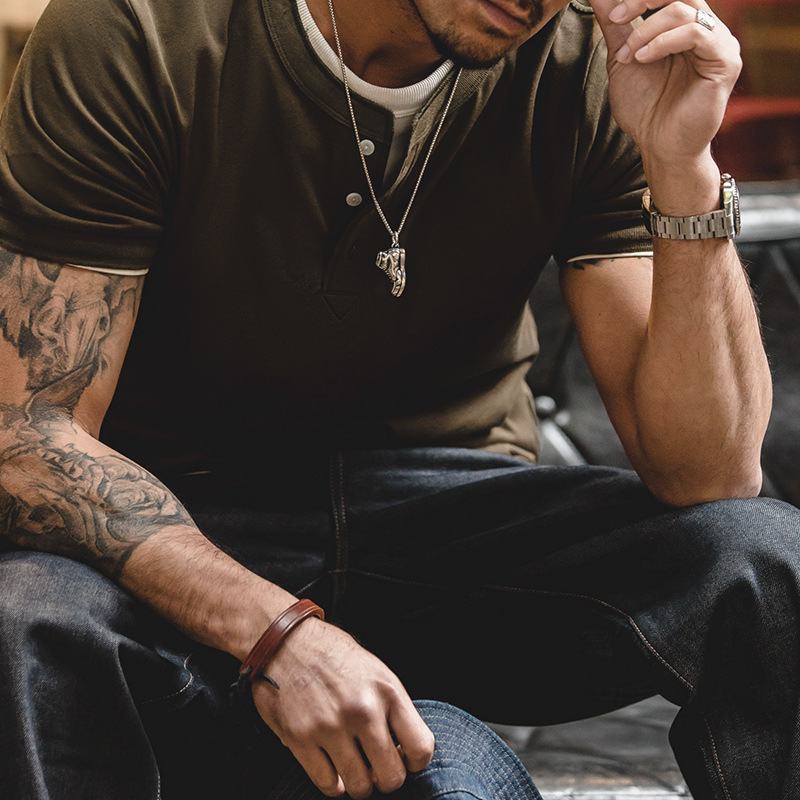 Maden Retro Amekaji Short Sleeve Henley Shirt Summer Army Green Micro-Elastic T-shirt