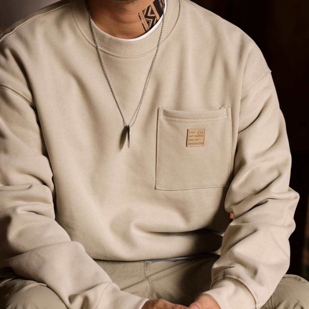 Casual round neck hoodie for men, loose loop bottom fleece fleece vintage base coat