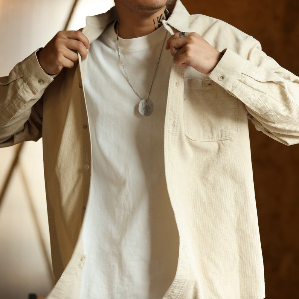 Collar corduroy long sleeved shirt for men, slightly wide casual drape texture shirt jacket