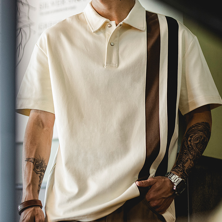American retro patchwork contrasting color men's summer new casual elastic polo shirt
