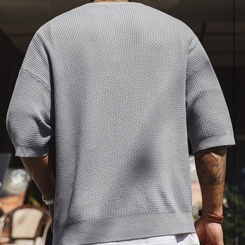 American Style Old Money Style Bamboo Knot Henry Collar Hanging Feeling Knitted Loose Half Sleeved T-Shirt