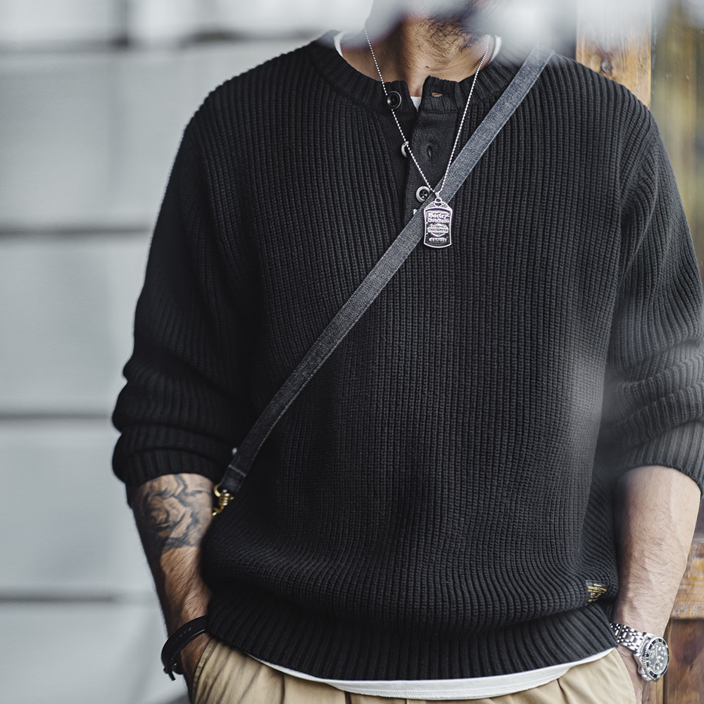 Maden Vintage Knitted Henley Shirt Amekaji Vertical Striped Pullover Sweater