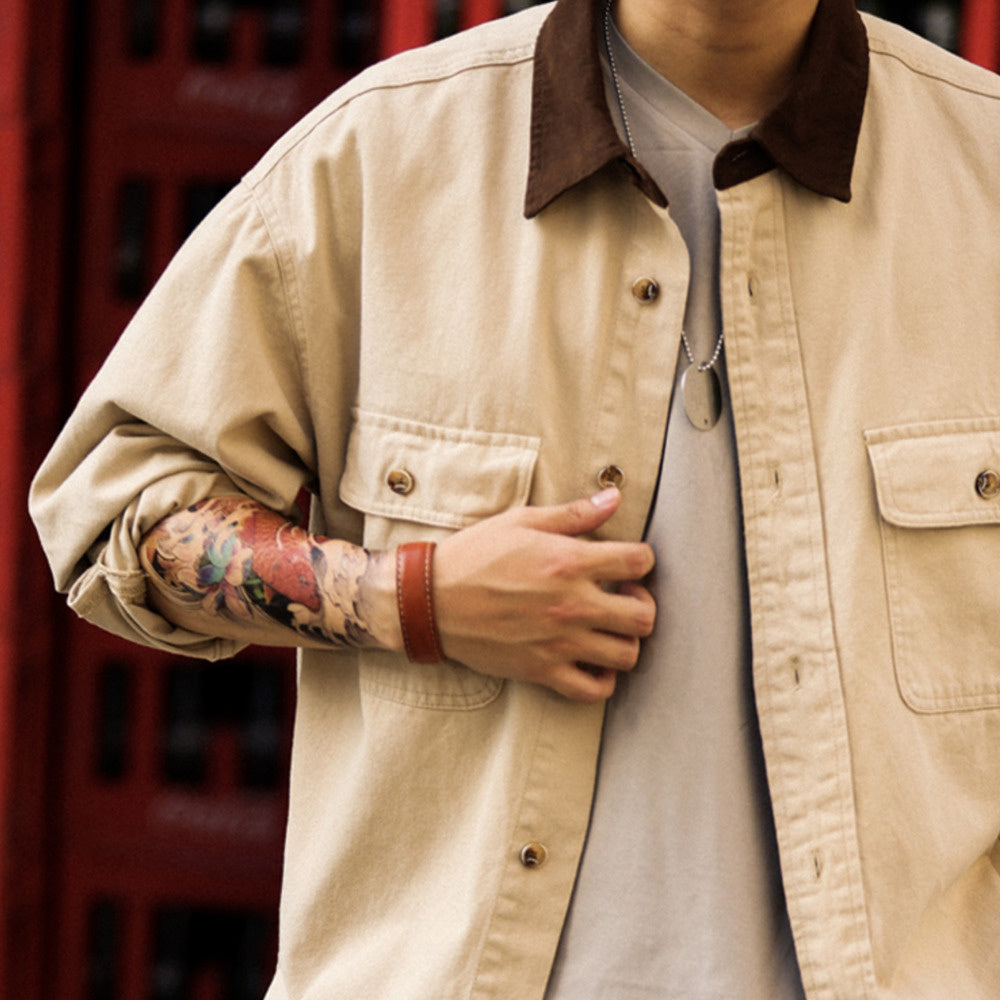 Retro Detroit shirt jacket men's 280g Sailor spun pure cotton contrasting collar long sleeved shirt