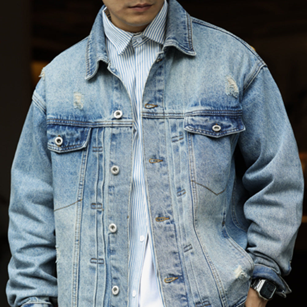 Heavy Industry Stone Grinding Water Washed Cowboy Jacket Men's Micro Wide Short Flip Collar Casual Jacket