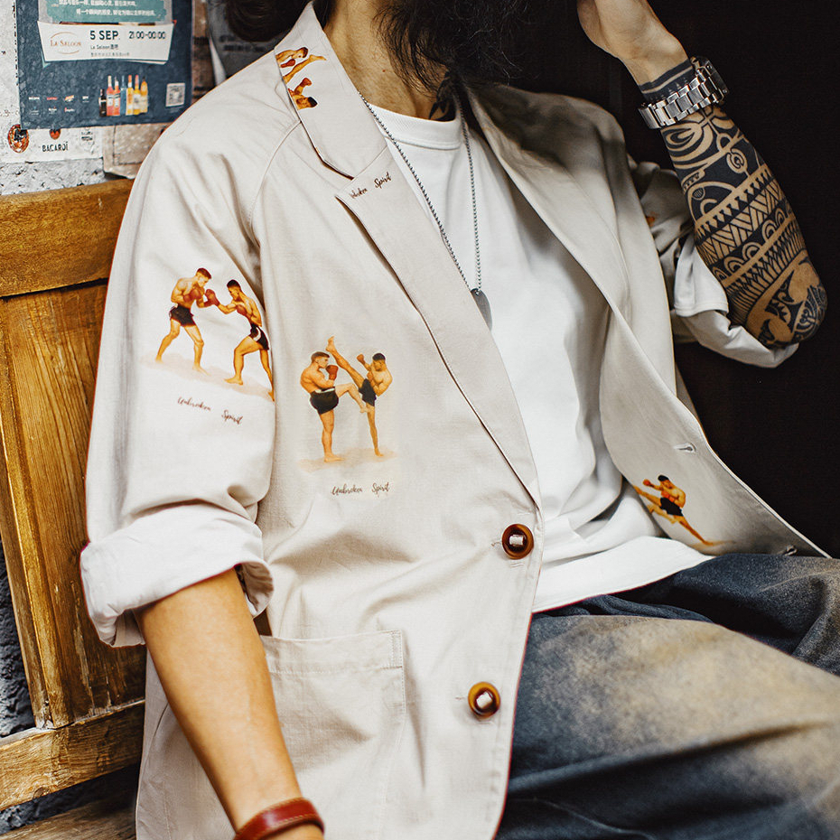 American Casual Flat Collar White Printed Pure Cotton Long Sleeved Shirt