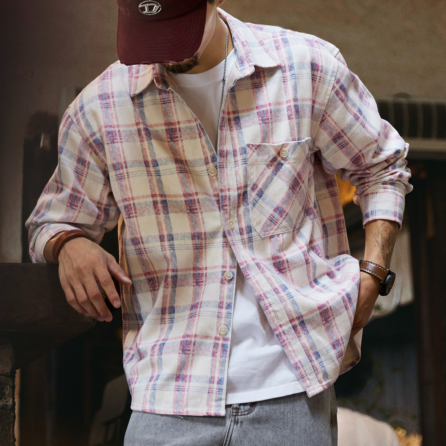 Lyocell Light Pink Men'S 2025 Autumn New Washed Plaid Shirt