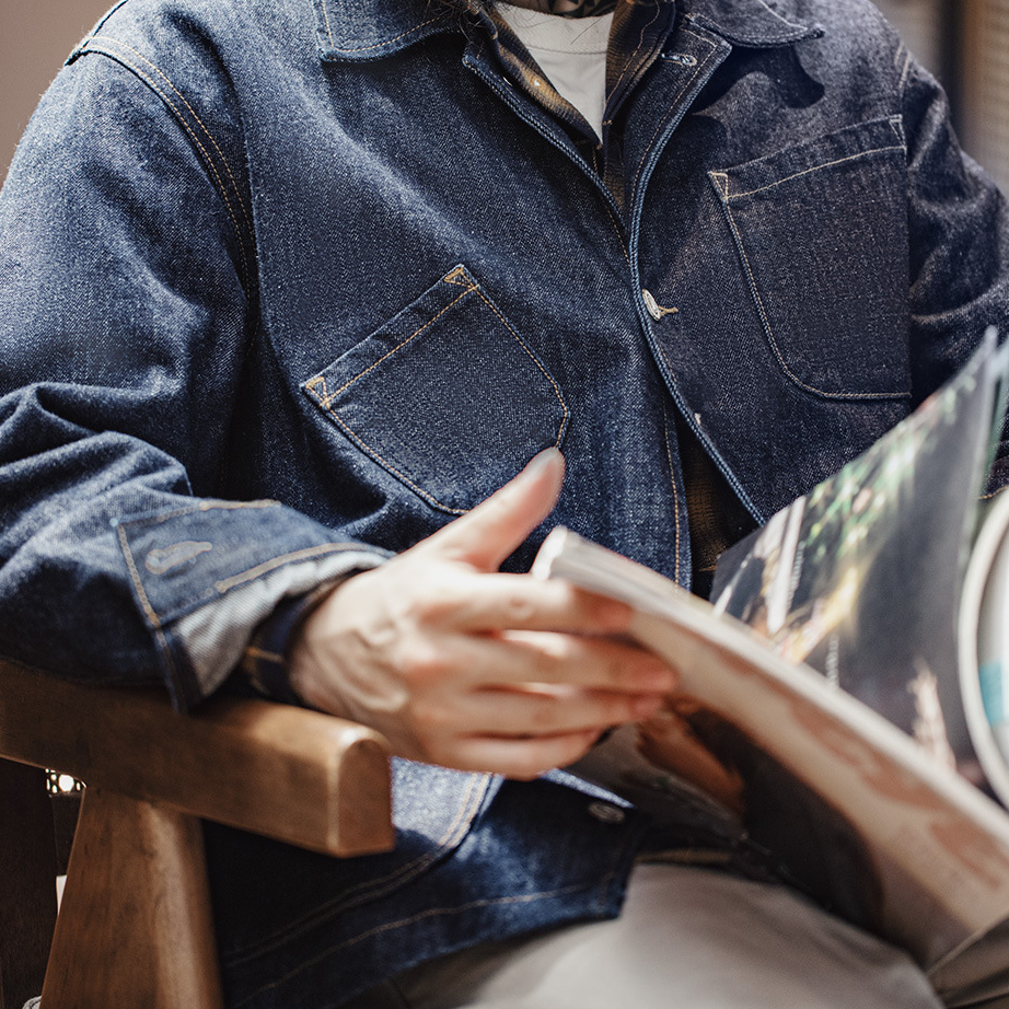 MADEN Vintage Four-Bag Denim Jacket Lapel Denim Amekaji Multi-Pocket Coat for Men Autumn