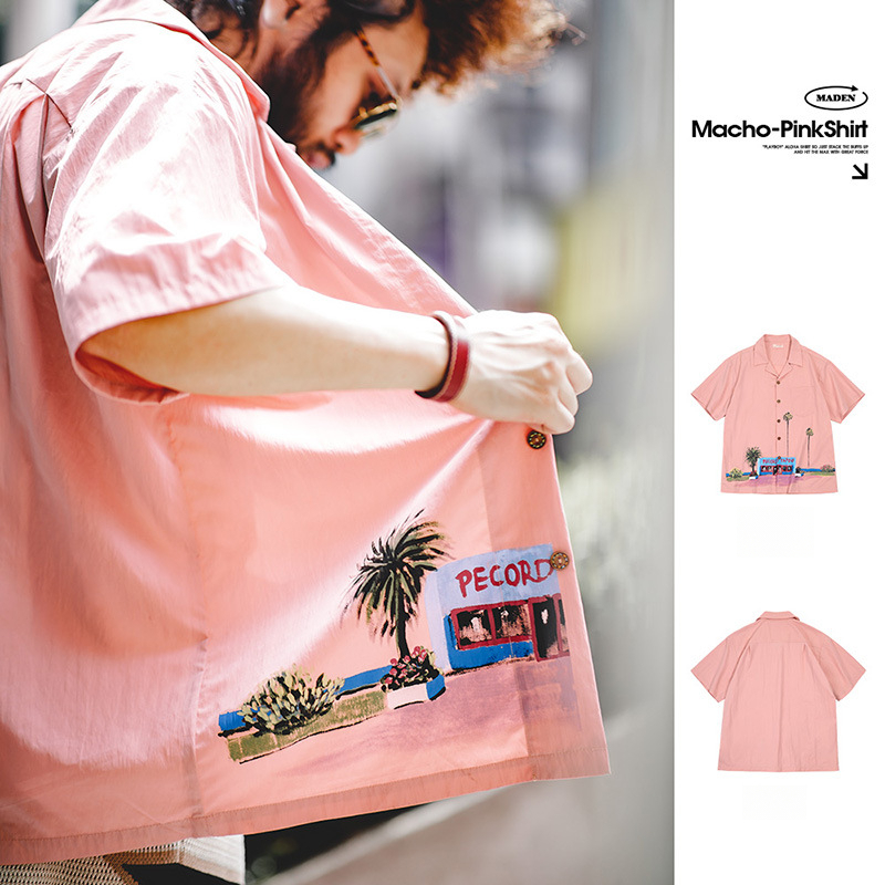 Maden Vintage Oil Painting Printed Shirt Hawaiian Pink Short sleeved Beach Beach Beach Shirt