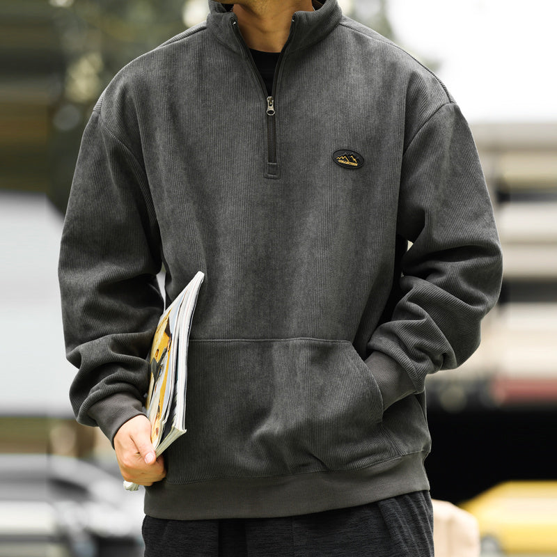 Vintage half-zip stand-up collar corduroy sweatshirt padded warm cleanfit tops jacket