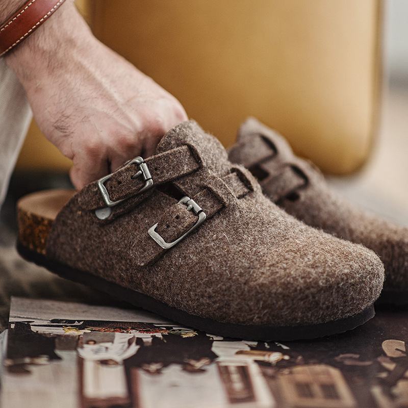 Maden wool felt M ü ller shoes, casual one foot kick, worn with cork sole and toe cover, semi slippers