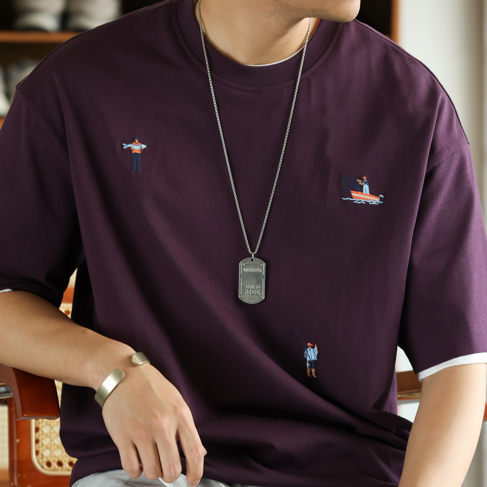 Fun embroidery men's 260g pure cotton round neck short sleeved T-shirt