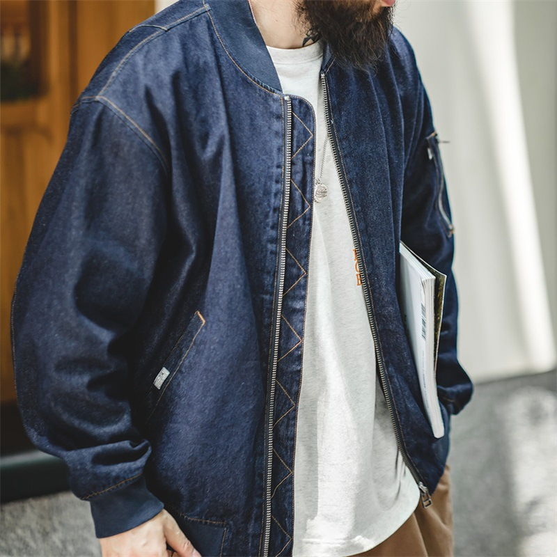 Maden Retro Denim MA1 Pilot Jacket Baseball Collar Amikaki Denim Coat