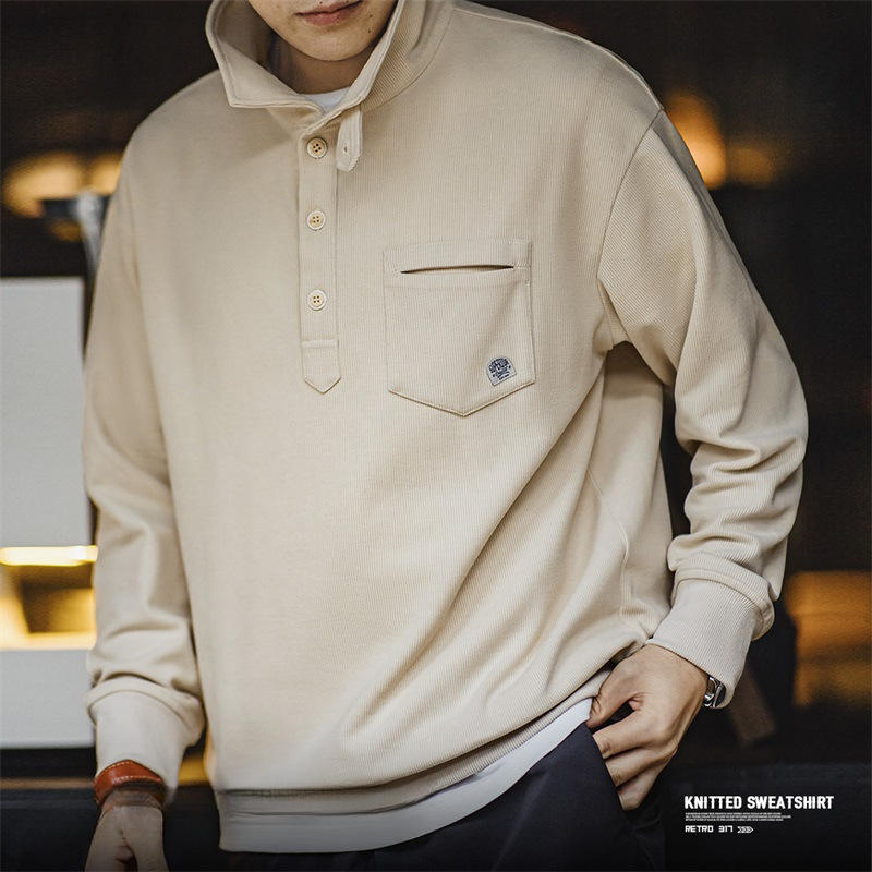 Maden casual half open standing collar hoodie with a lazy style lapel knit polo shirt