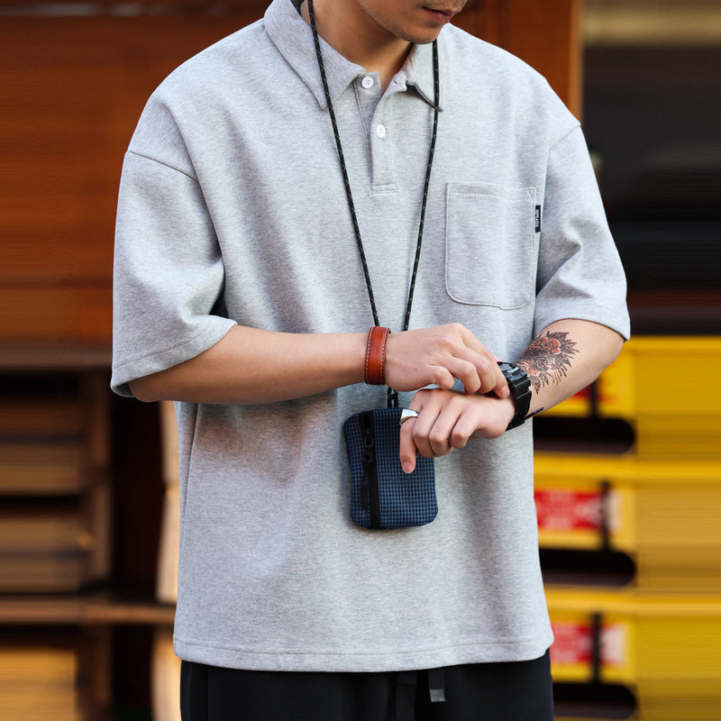 Japanese casual 340g men's loose pocket lapel short sleeved polo shirt