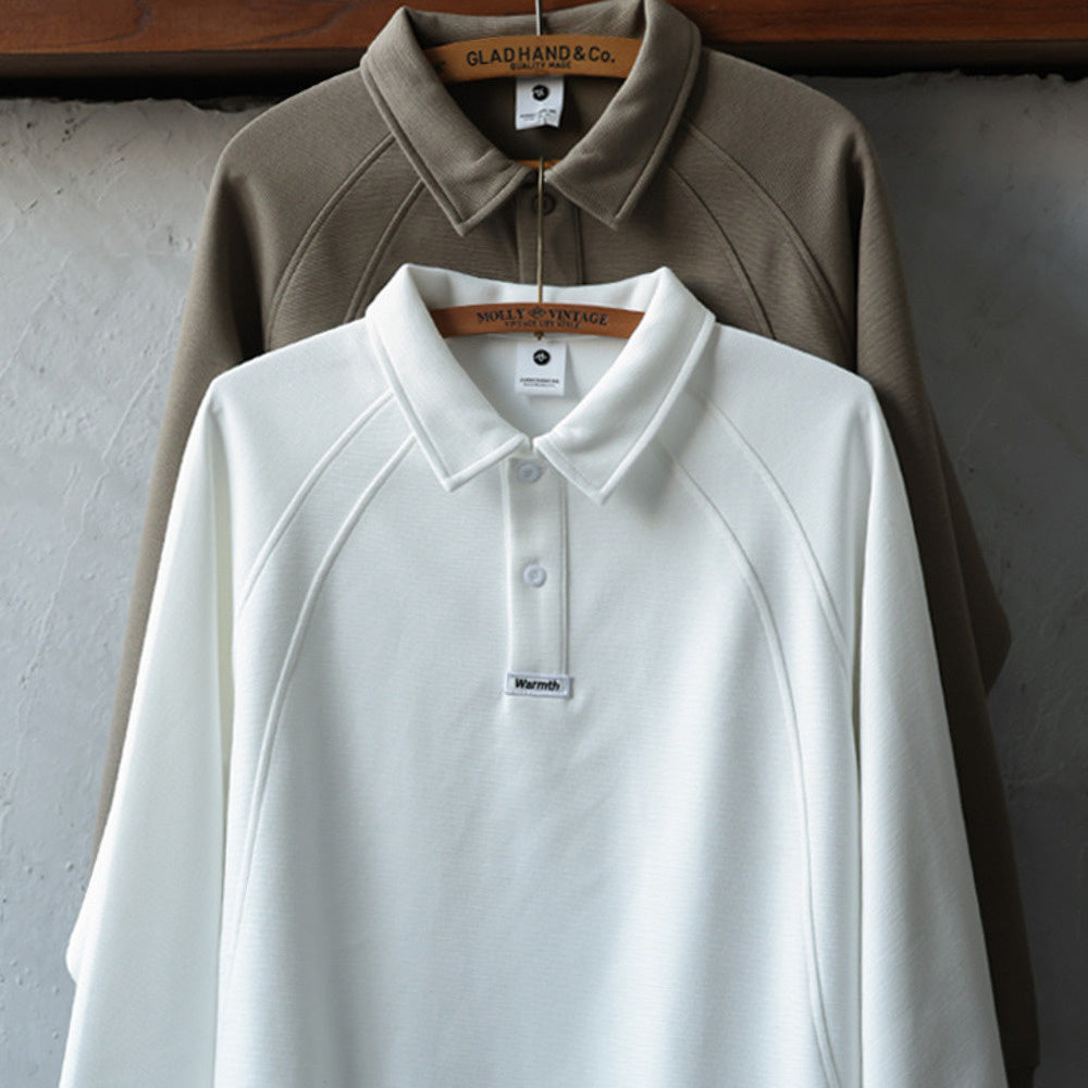 Japanese retro lapel long sleeved polo shirt 300g heavyweight split splicing raglan casual top